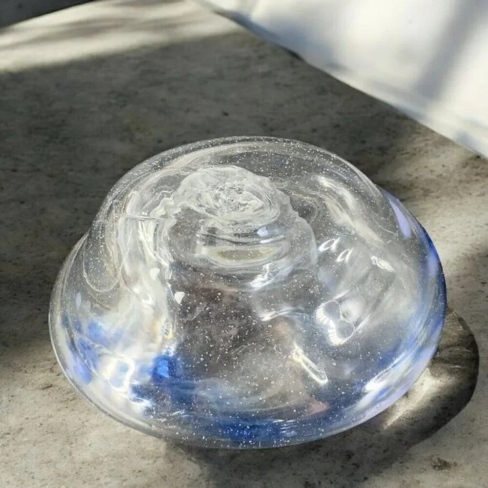 Vintage Hand Blown Art Glass Dish Bowl Clear With Blue Spots Hand Made Glass VTG